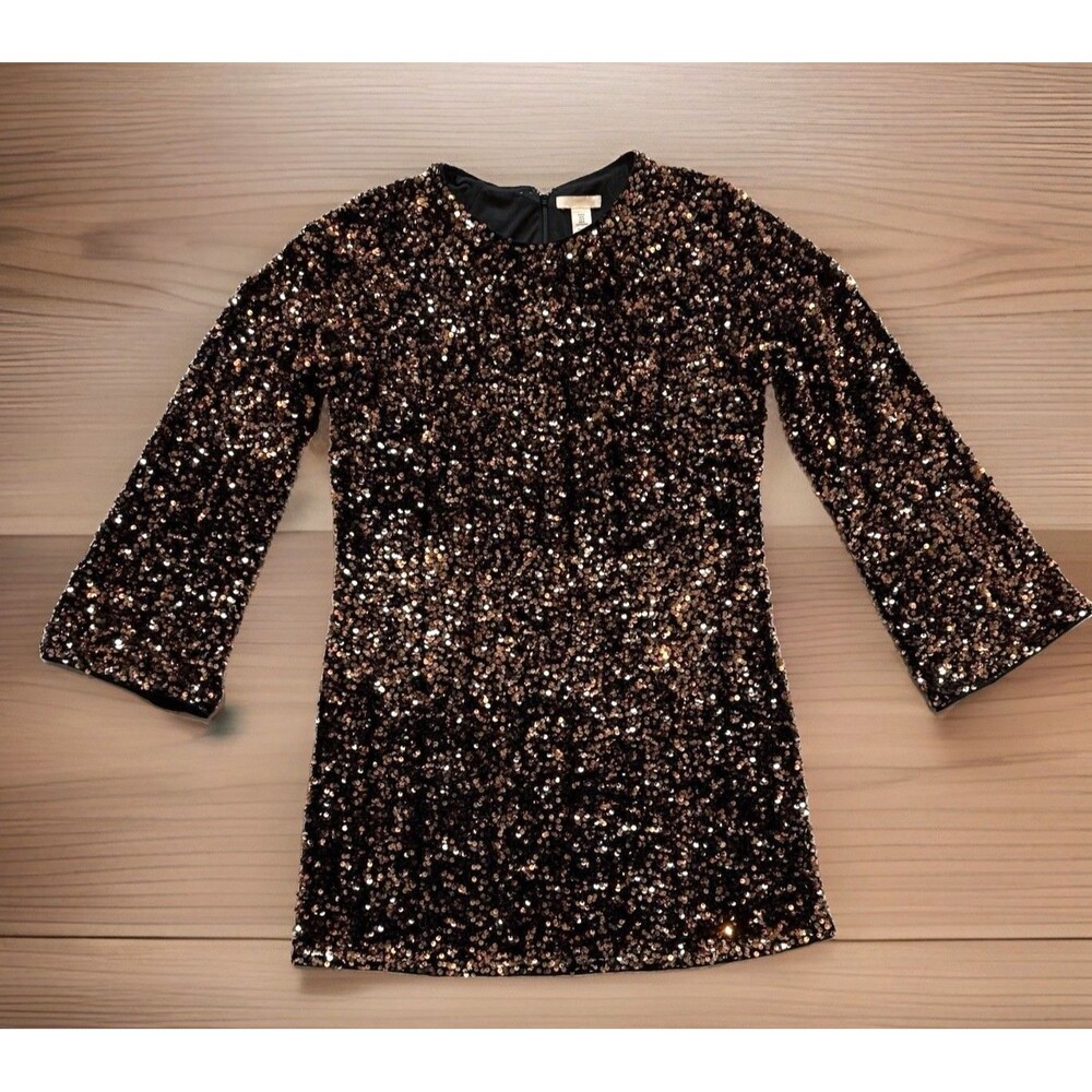 H&M Size Medium Short Mini 3/4 Sleeve Copper Gold Sequin Party Shimmer Dress